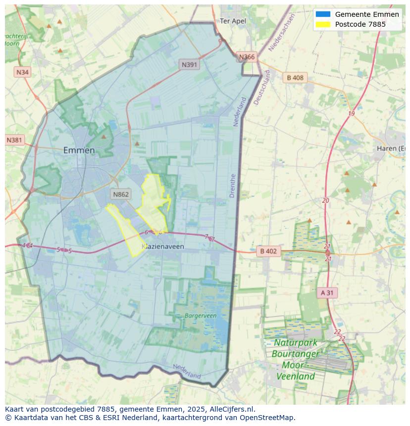 Afbeelding van het postcodegebied 7885 op de kaart.