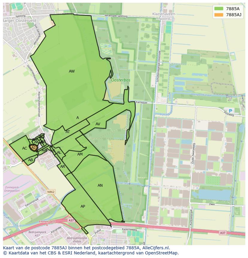 Afbeelding van het postcodegebied 7885 AJ op de kaart.