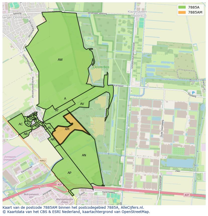 Afbeelding van het postcodegebied 7885 AM op de kaart.