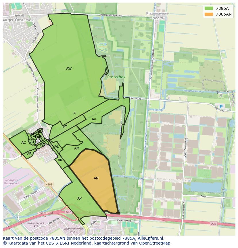 Afbeelding van het postcodegebied 7885 AN op de kaart.