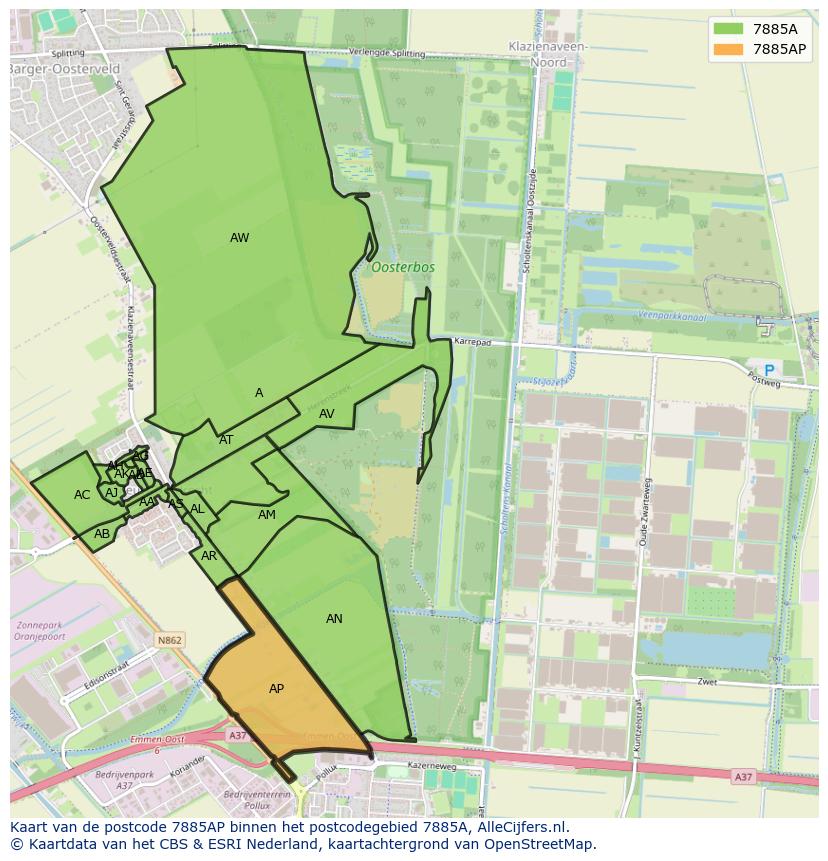 Afbeelding van het postcodegebied 7885 AP op de kaart.