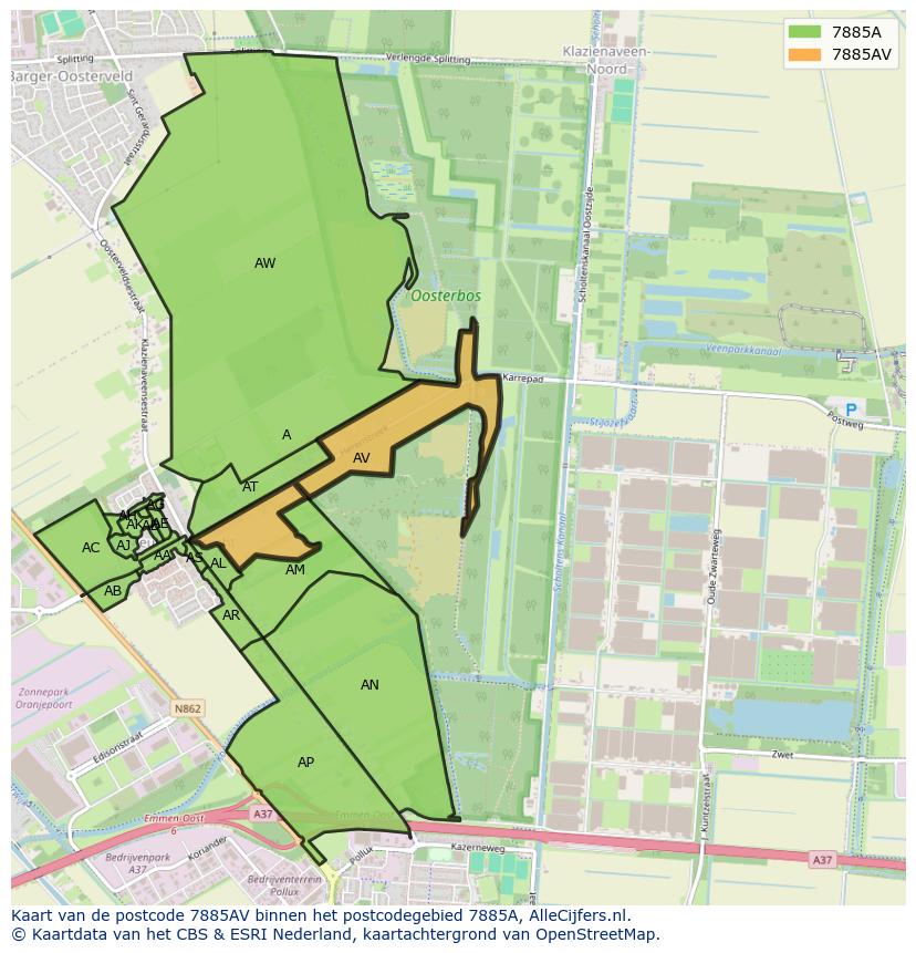 Afbeelding van het postcodegebied 7885 AV op de kaart.