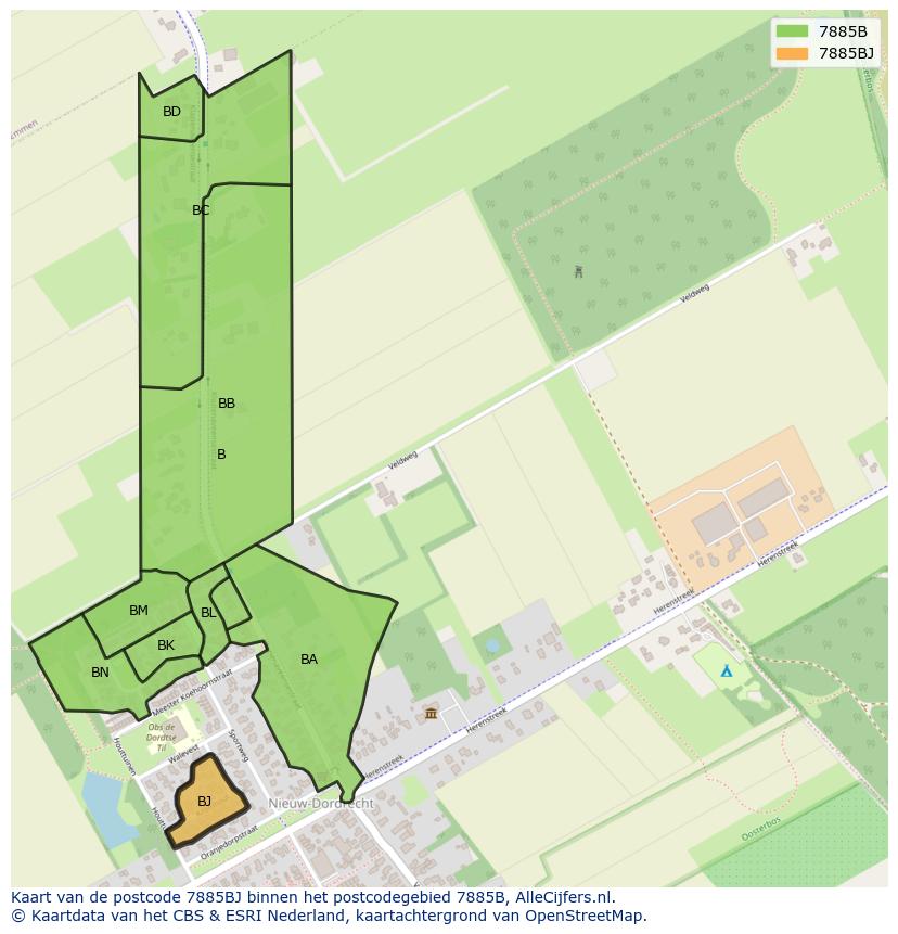 Afbeelding van het postcodegebied 7885 BJ op de kaart.
