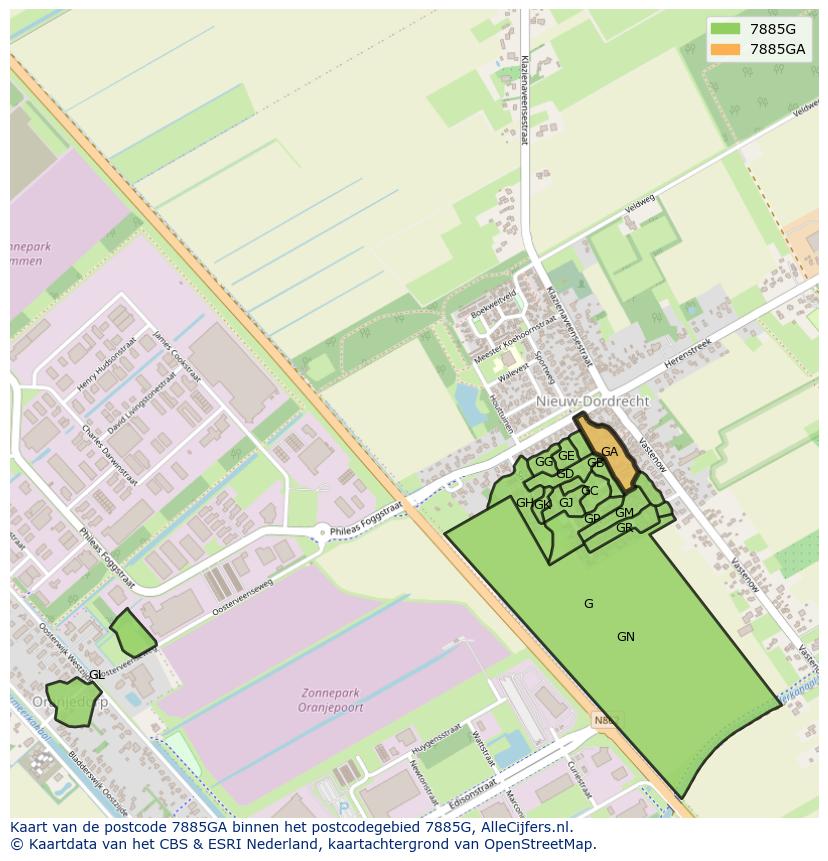 Afbeelding van het postcodegebied 7885 GA op de kaart.