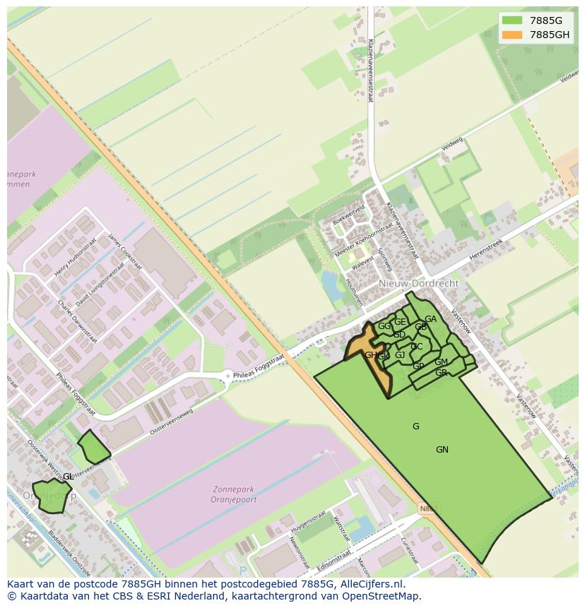 Afbeelding van het postcodegebied 7885 GH op de kaart.