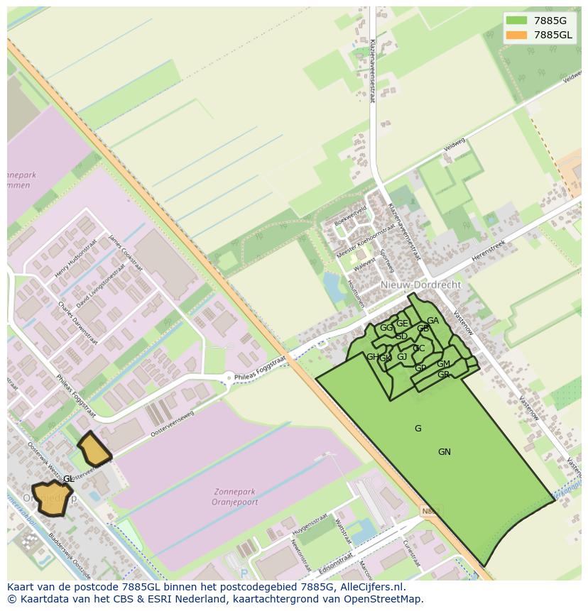 Afbeelding van het postcodegebied 7885 GL op de kaart.