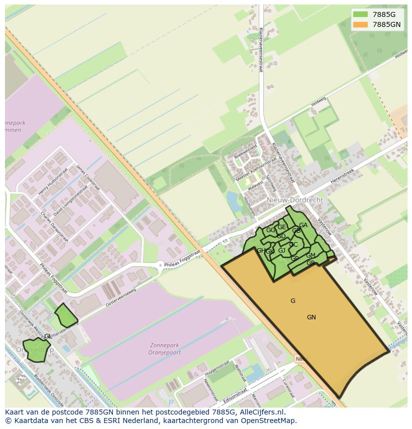Afbeelding van het postcodegebied 7885 GN op de kaart.