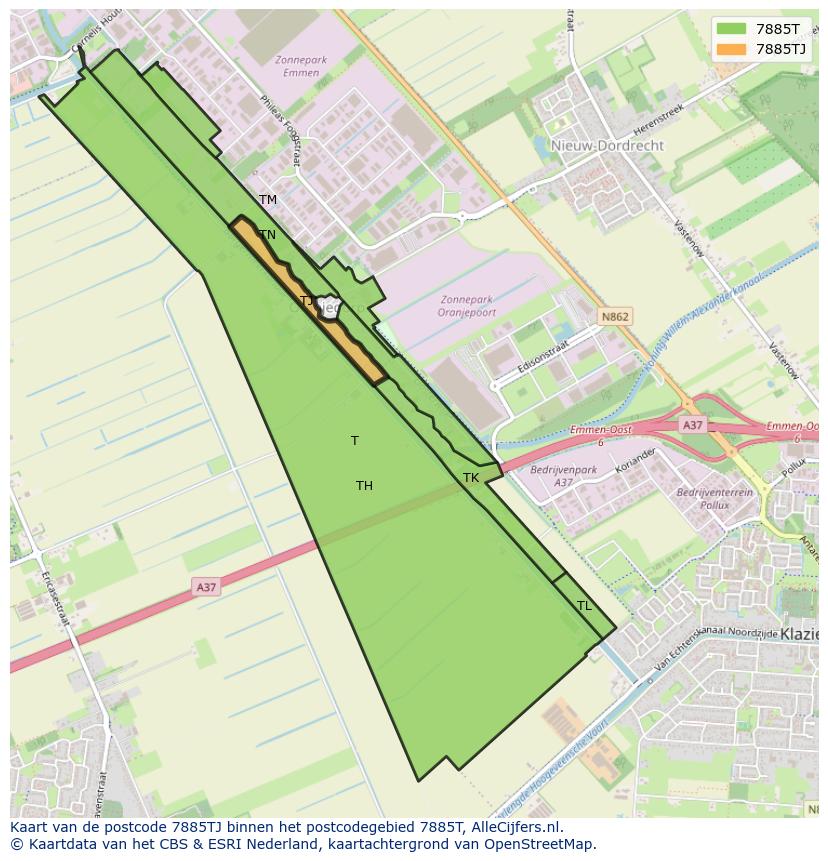 Afbeelding van het postcodegebied 7885 TJ op de kaart.
