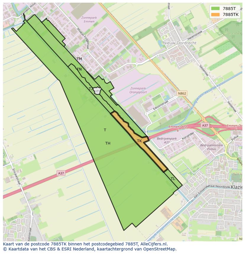 Afbeelding van het postcodegebied 7885 TK op de kaart.