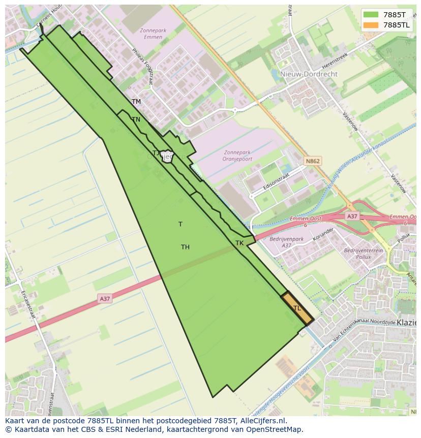 Afbeelding van het postcodegebied 7885 TL op de kaart.