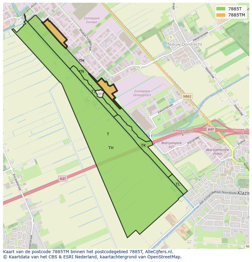 Afbeelding van het postcodegebied 7885 TM op de kaart.
