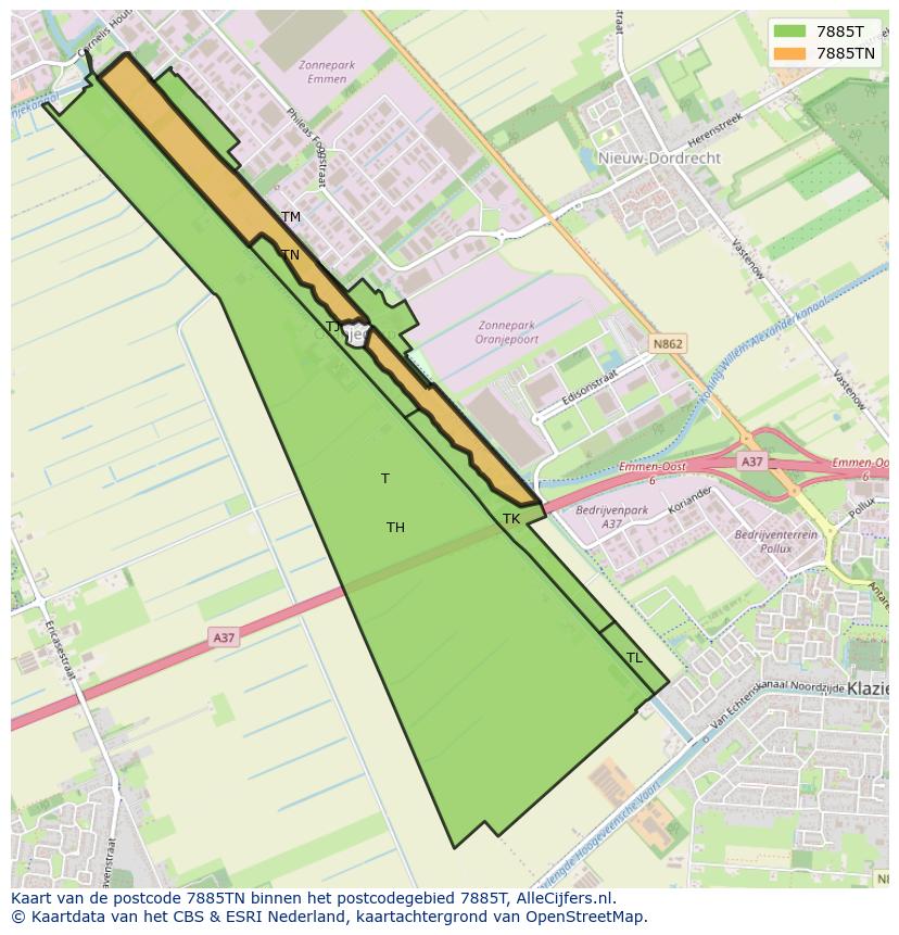 Afbeelding van het postcodegebied 7885 TN op de kaart.