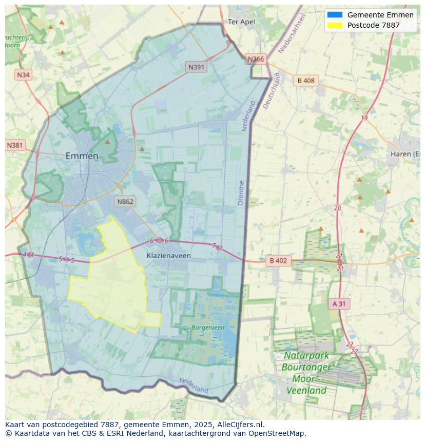 Afbeelding van het postcodegebied 7887 op de kaart.