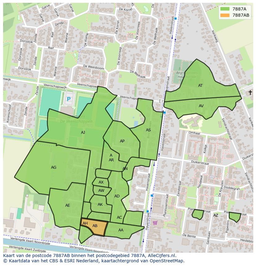 Afbeelding van het postcodegebied 7887 AB op de kaart.