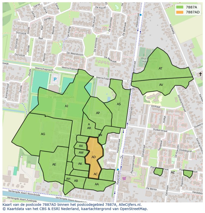 Afbeelding van het postcodegebied 7887 AD op de kaart.