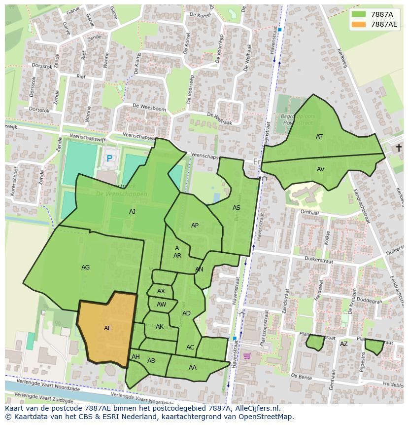 Afbeelding van het postcodegebied 7887 AE op de kaart.