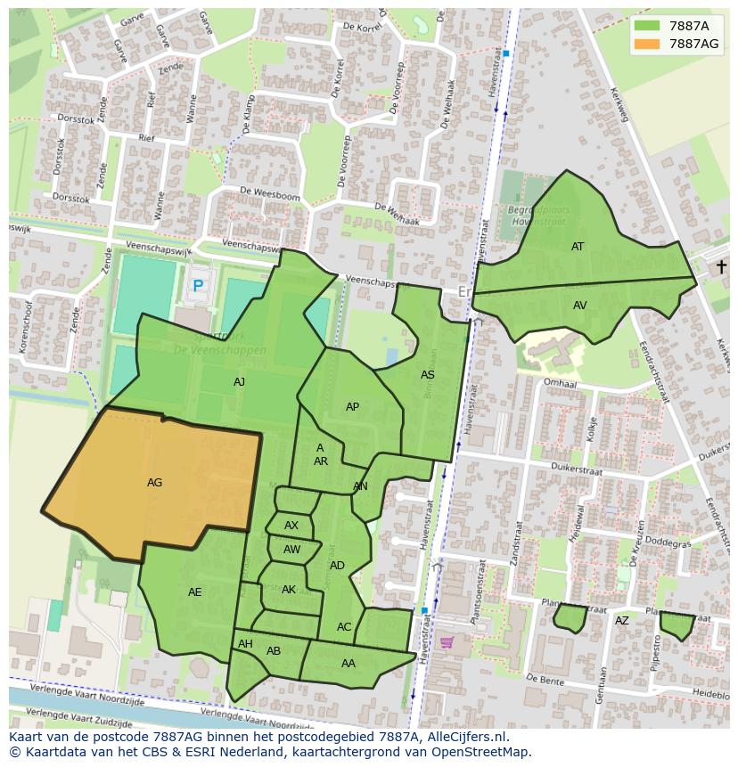 Afbeelding van het postcodegebied 7887 AG op de kaart.
