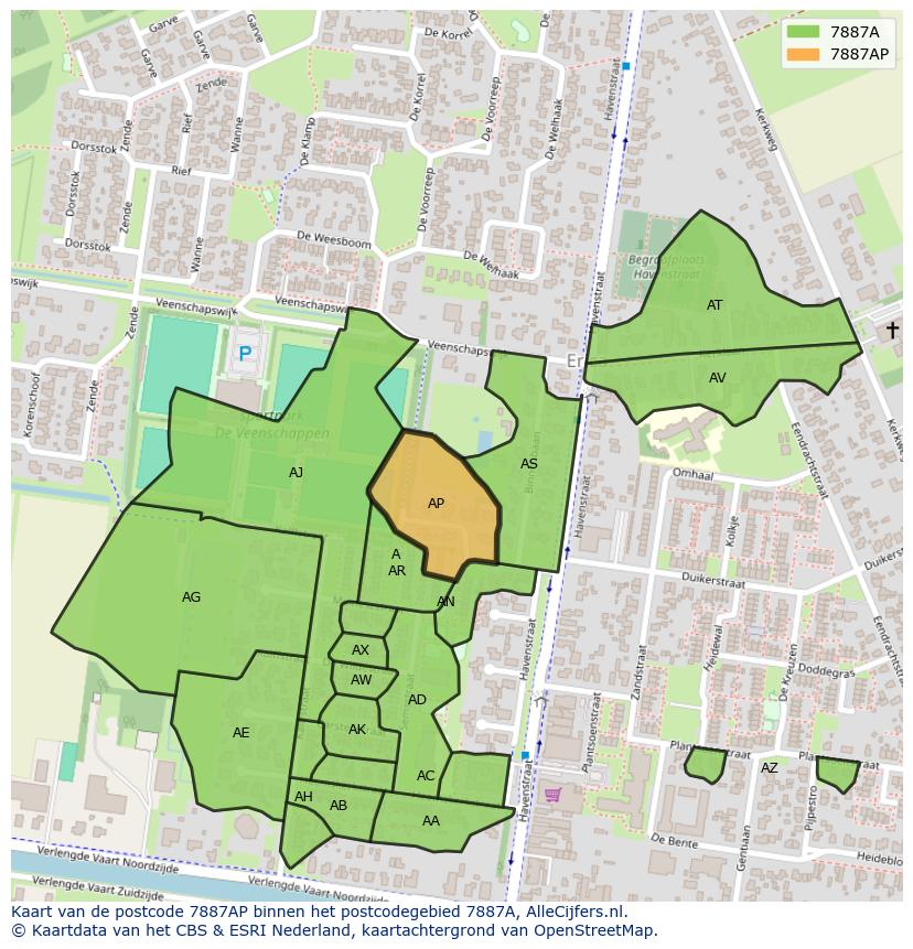 Afbeelding van het postcodegebied 7887 AP op de kaart.
