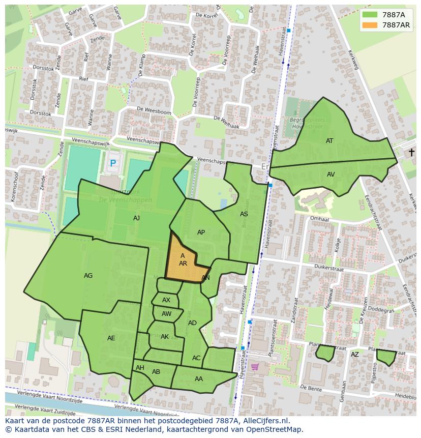 Afbeelding van het postcodegebied 7887 AR op de kaart.