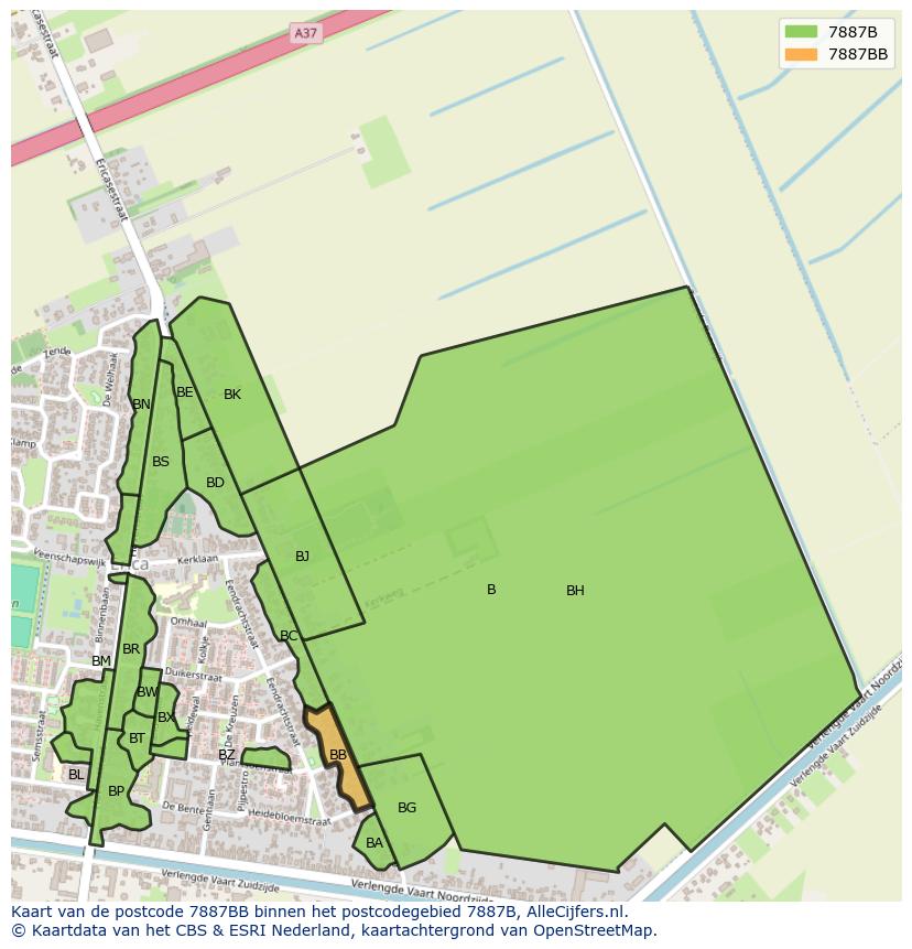 Afbeelding van het postcodegebied 7887 BB op de kaart.