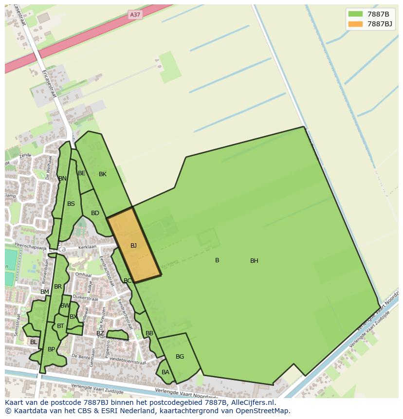 Afbeelding van het postcodegebied 7887 BJ op de kaart.