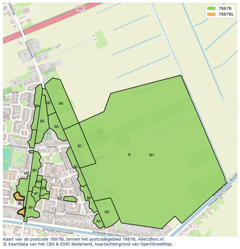 Afbeelding van het postcodegebied 7887 BL op de kaart.
