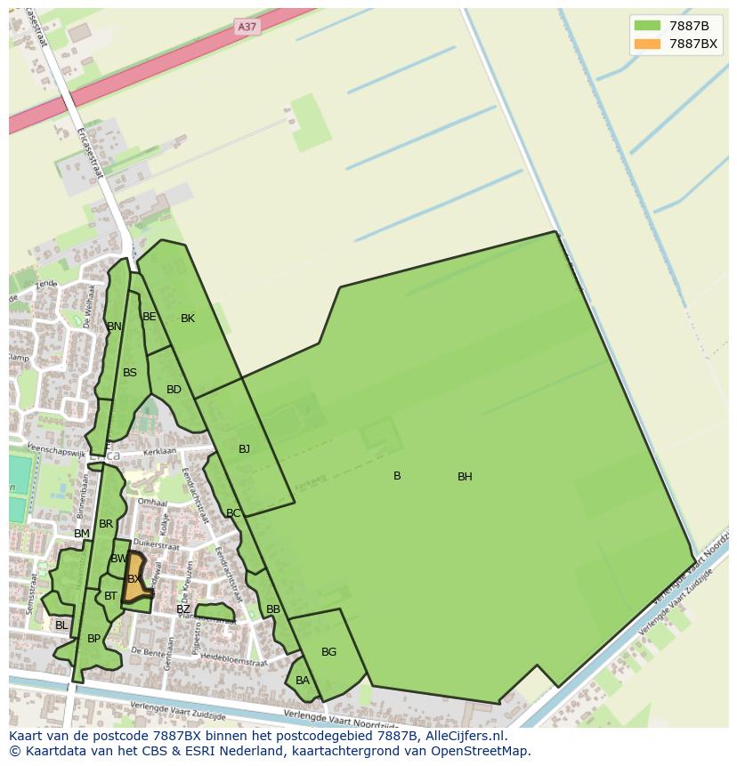 Afbeelding van het postcodegebied 7887 BX op de kaart.