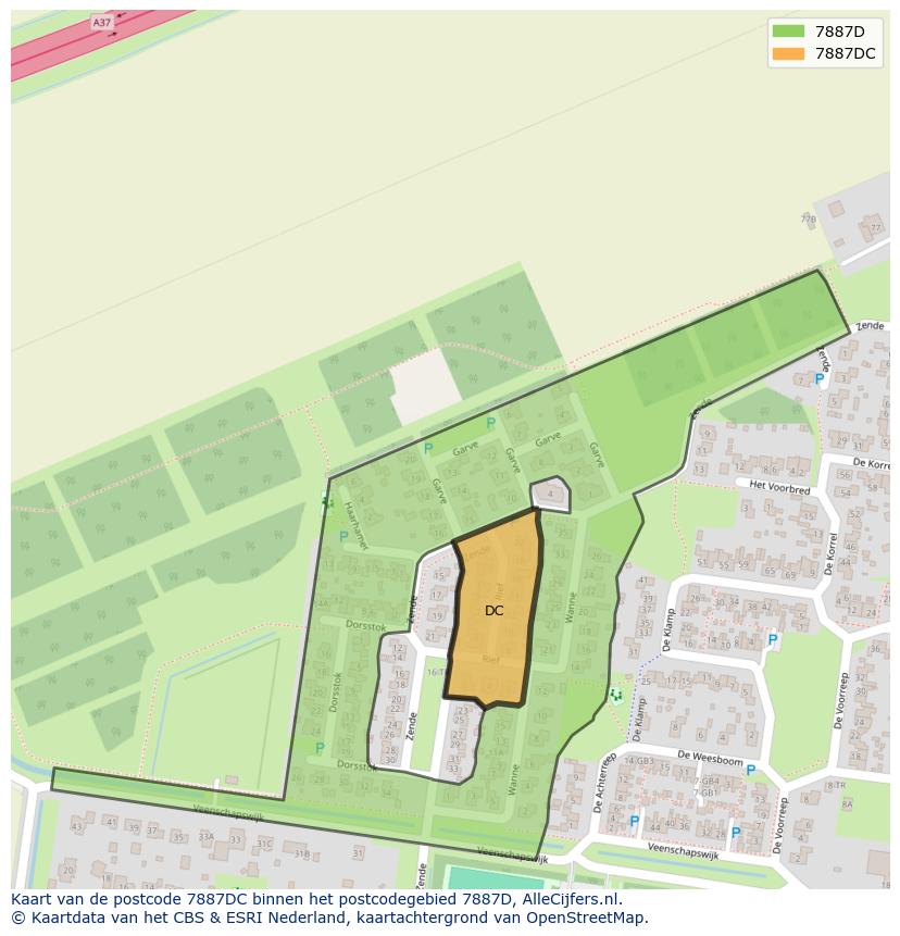 Afbeelding van het postcodegebied 7887 DC op de kaart.