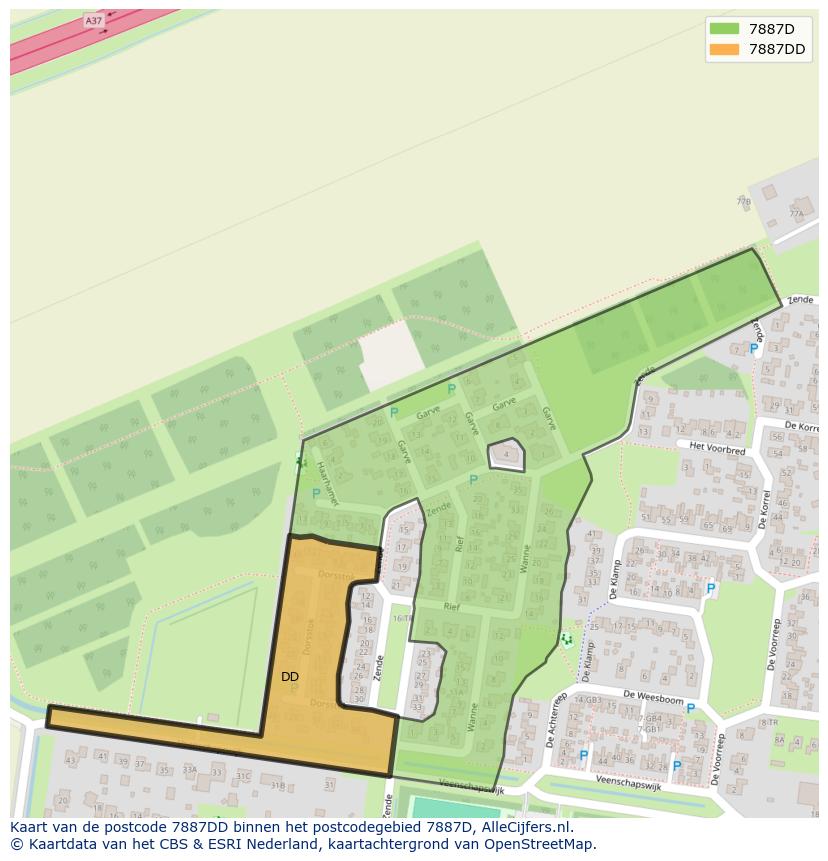 Afbeelding van het postcodegebied 7887 DD op de kaart.