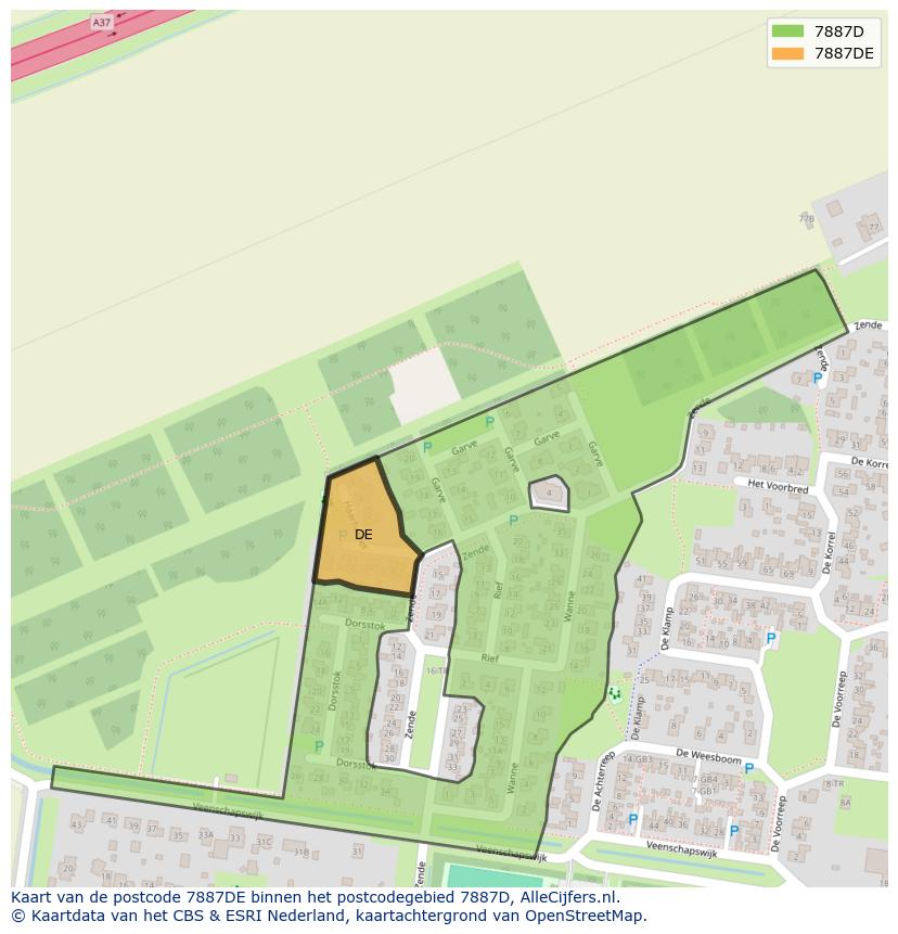 Afbeelding van het postcodegebied 7887 DE op de kaart.