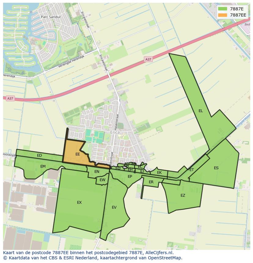 Afbeelding van het postcodegebied 7887 EE op de kaart.