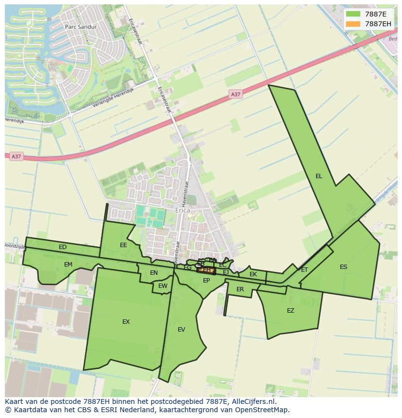 Afbeelding van het postcodegebied 7887 EH op de kaart.