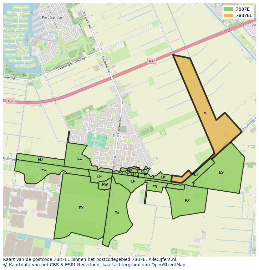 Afbeelding van het postcodegebied 7887 EL op de kaart.