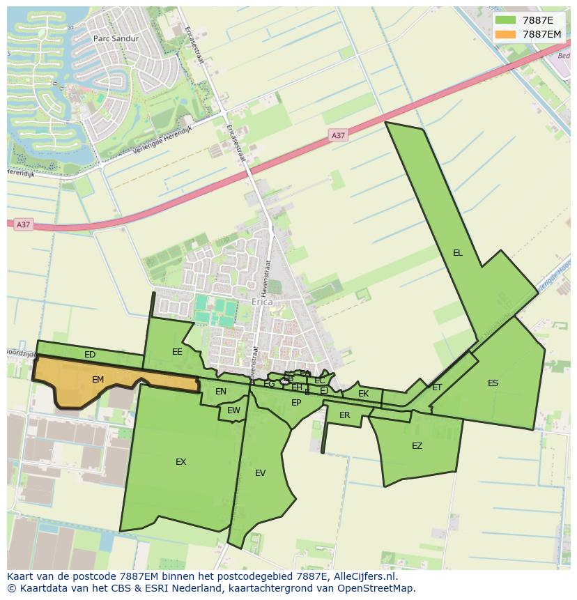 Afbeelding van het postcodegebied 7887 EM op de kaart.