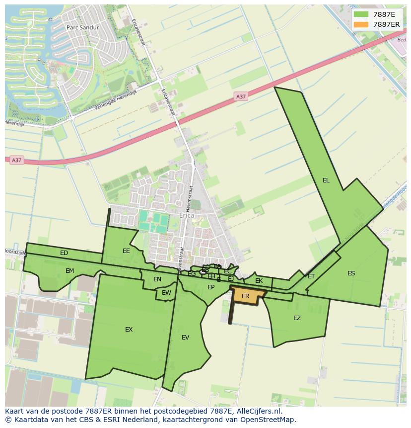 Afbeelding van het postcodegebied 7887 ER op de kaart.