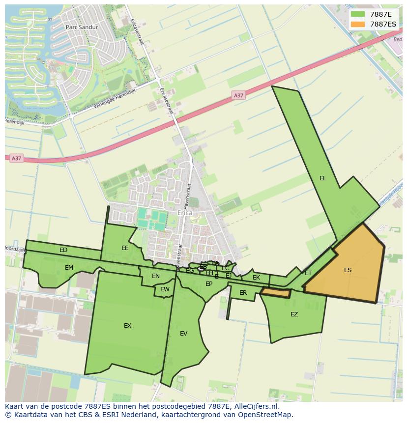Afbeelding van het postcodegebied 7887 ES op de kaart.