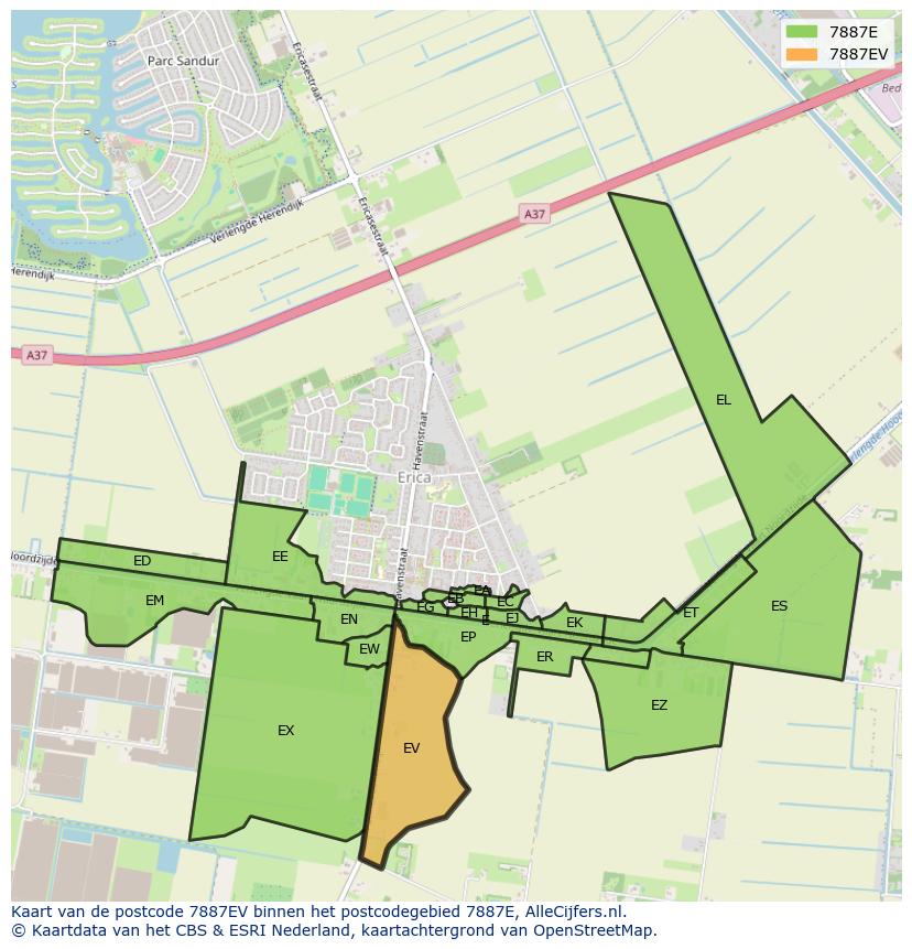Afbeelding van het postcodegebied 7887 EV op de kaart.