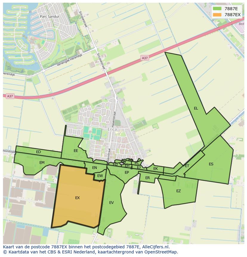 Afbeelding van het postcodegebied 7887 EX op de kaart.
