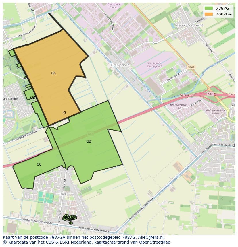 Afbeelding van het postcodegebied 7887 GA op de kaart.