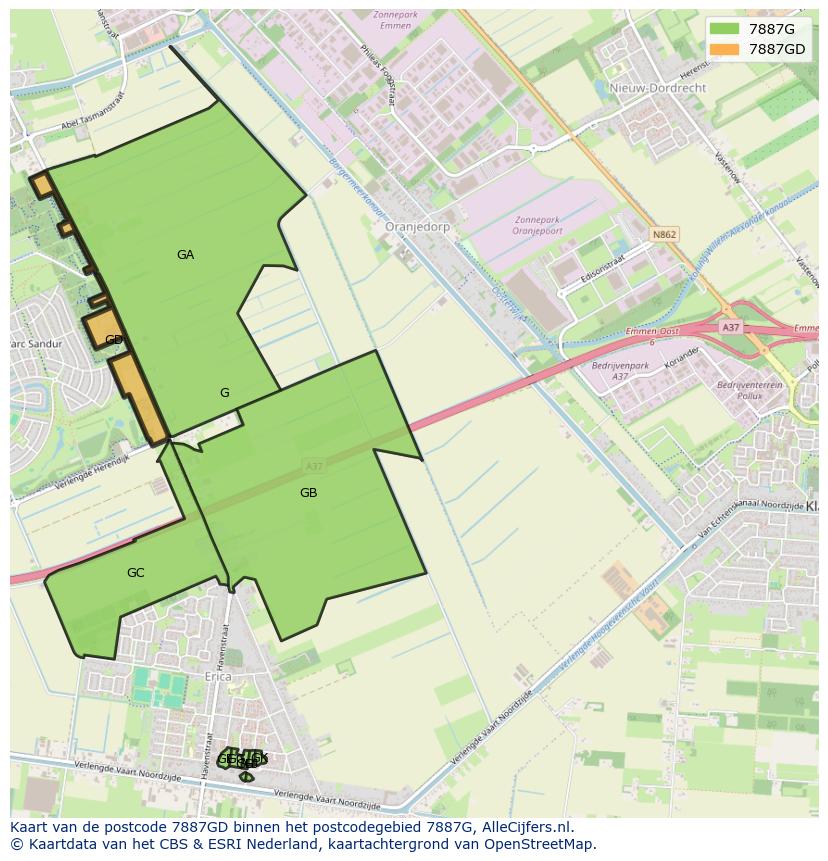 Afbeelding van het postcodegebied 7887 GD op de kaart.