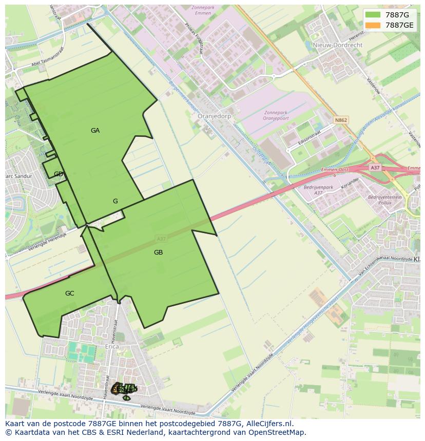 Afbeelding van het postcodegebied 7887 GE op de kaart.