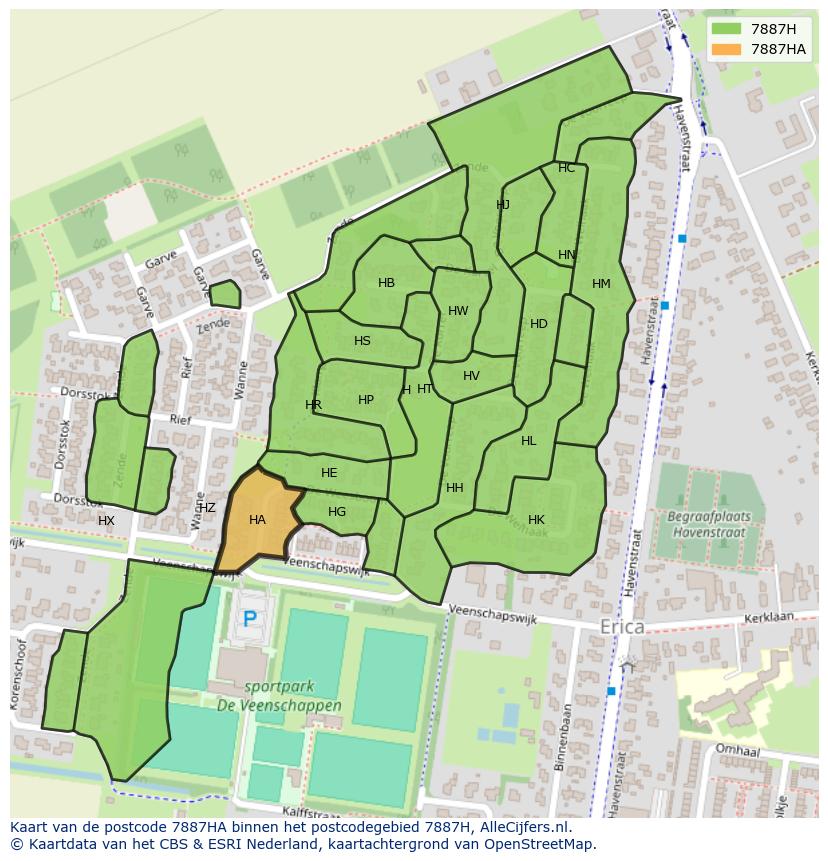 Afbeelding van het postcodegebied 7887 HA op de kaart.
