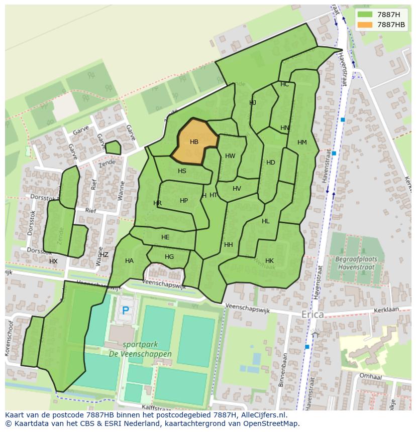 Afbeelding van het postcodegebied 7887 HB op de kaart.