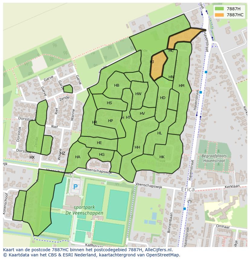Afbeelding van het postcodegebied 7887 HC op de kaart.