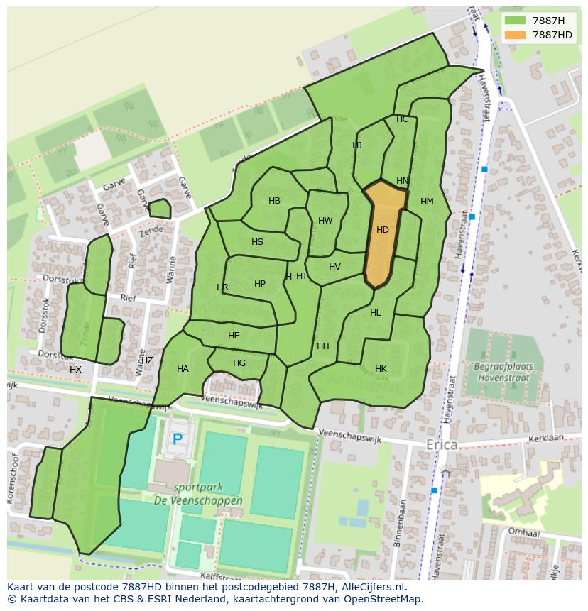 Afbeelding van het postcodegebied 7887 HD op de kaart.