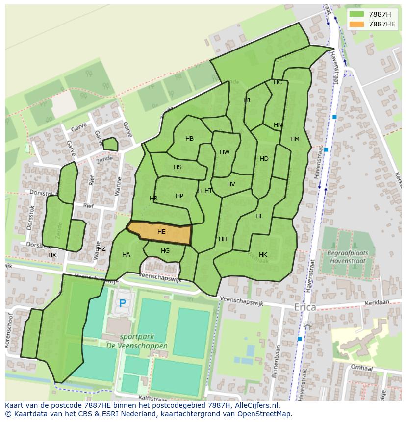 Afbeelding van het postcodegebied 7887 HE op de kaart.
