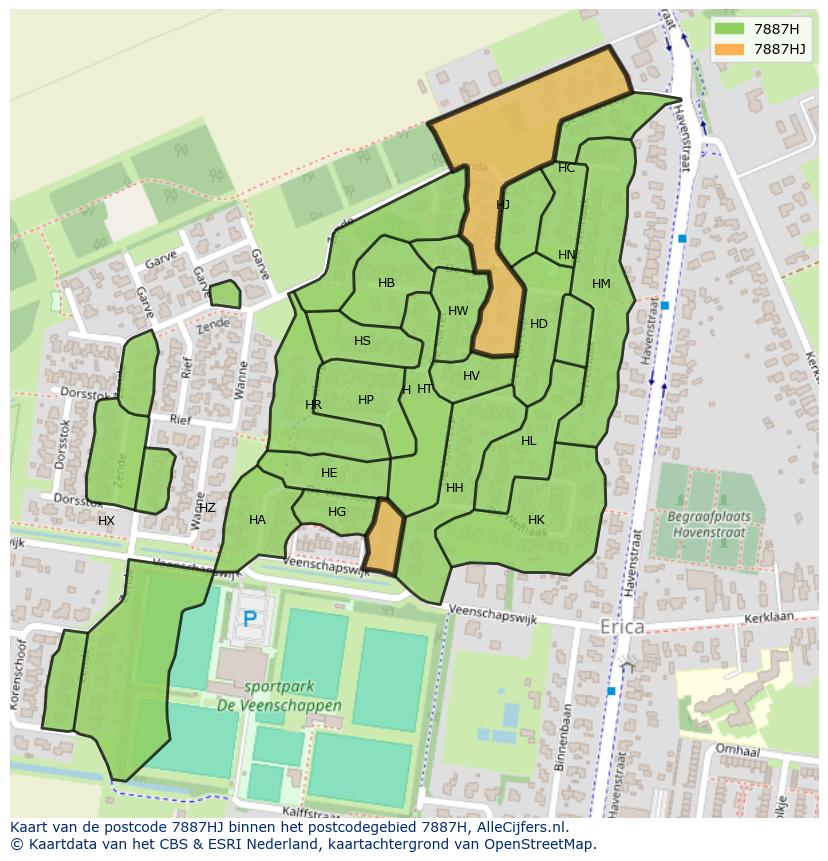Afbeelding van het postcodegebied 7887 HJ op de kaart.