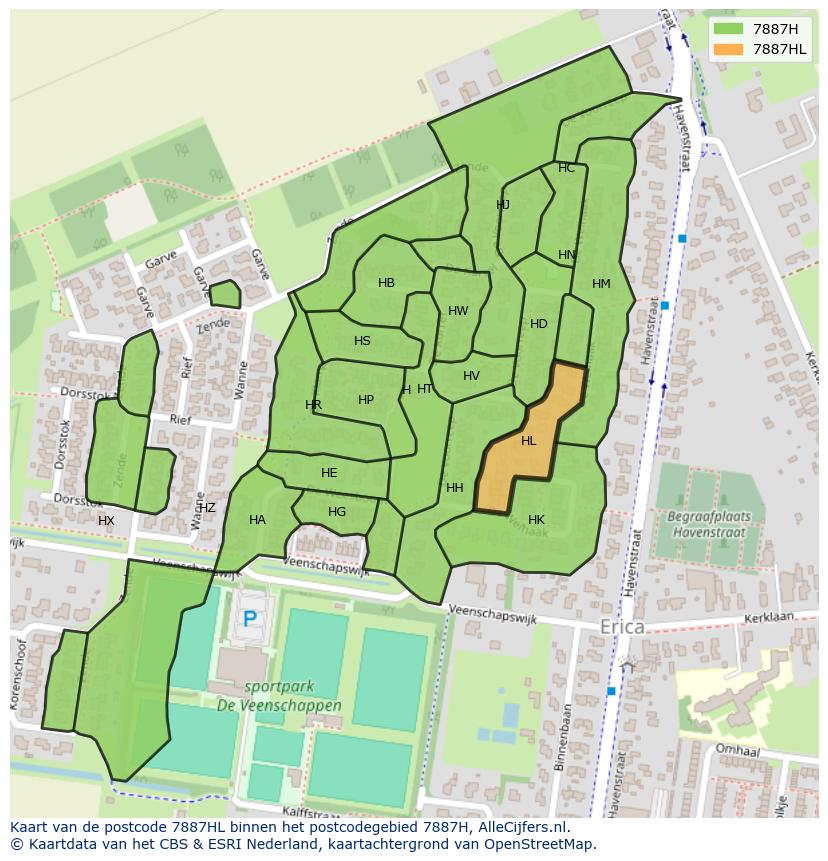 Afbeelding van het postcodegebied 7887 HL op de kaart.