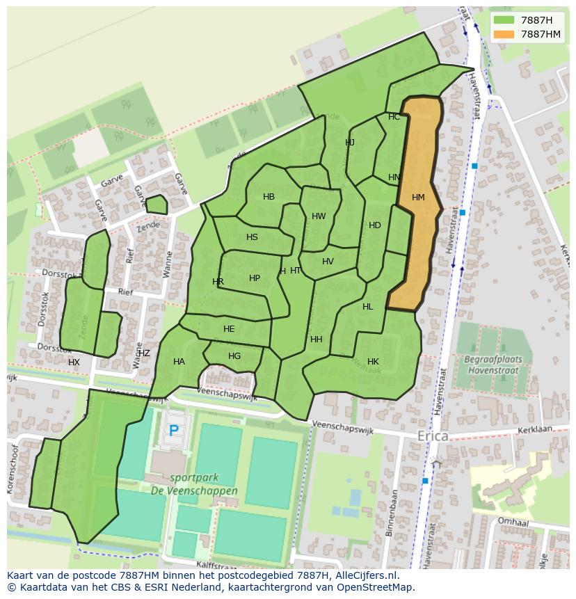 Afbeelding van het postcodegebied 7887 HM op de kaart.
