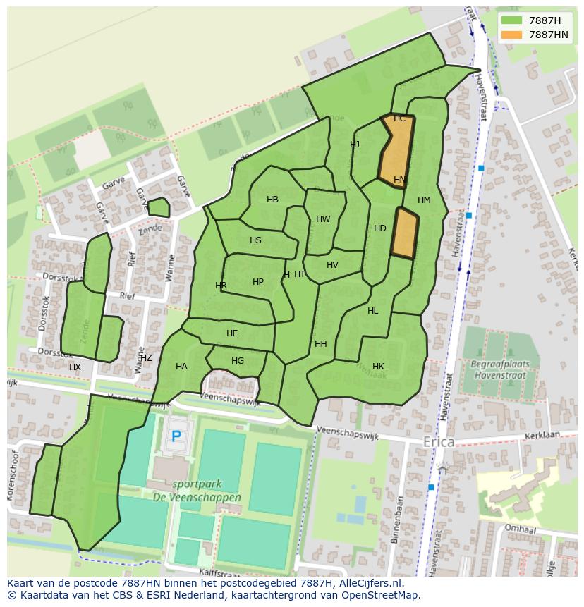 Afbeelding van het postcodegebied 7887 HN op de kaart.